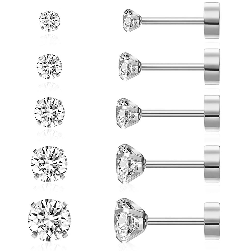 SANNIDHI 5 Pairs Earrings for Women Flat Back Cartilage Stud Earrings Cubic Zirconia 316L Stainless Steel Earrings Hypoallergenic Nickel-Free Earrings - 3/4/5/6/8mm, Silver SANNIDHI 5 Pairs Earrings for Women Flat Back Cartilage Stud Earrings Cubic Zirconia 316L Stainless Steel Earrings Hypoallergenic Nickel-Free Earrings - 3/4/5/6/8mm, Silver